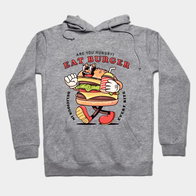 Eat Burger, retro carton burger walking while carrying drinks Hoodie by Vyndesign